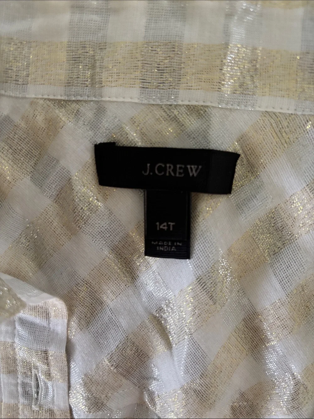 J. Crew White and Gold Soft Shimmer Metallic Check 5 Button Pop Over Shirt